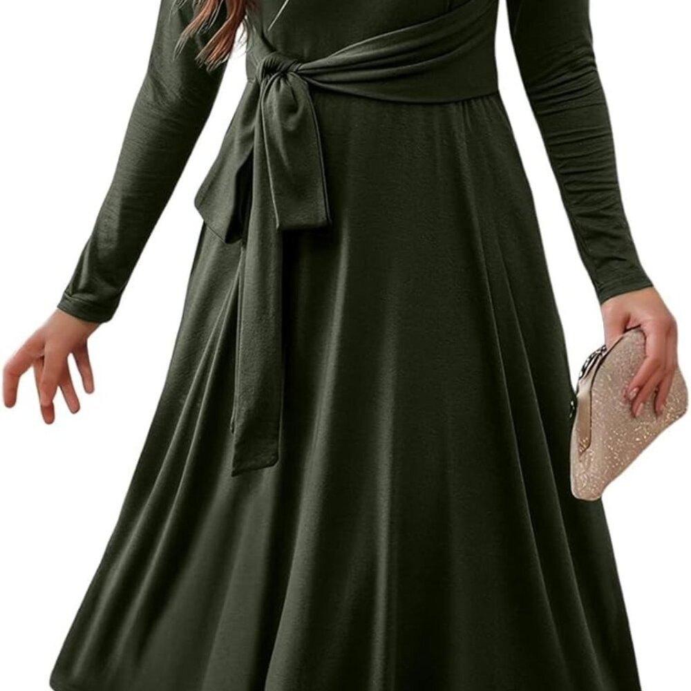 Women Maxi Dress Long Sleeve High Waist Pockets Multi-Way Belt Casual